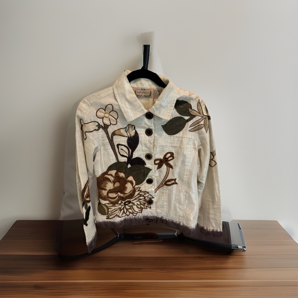 Life Style Metallic Embroidered Floral Jacket Medium Cotton Blend Made in India